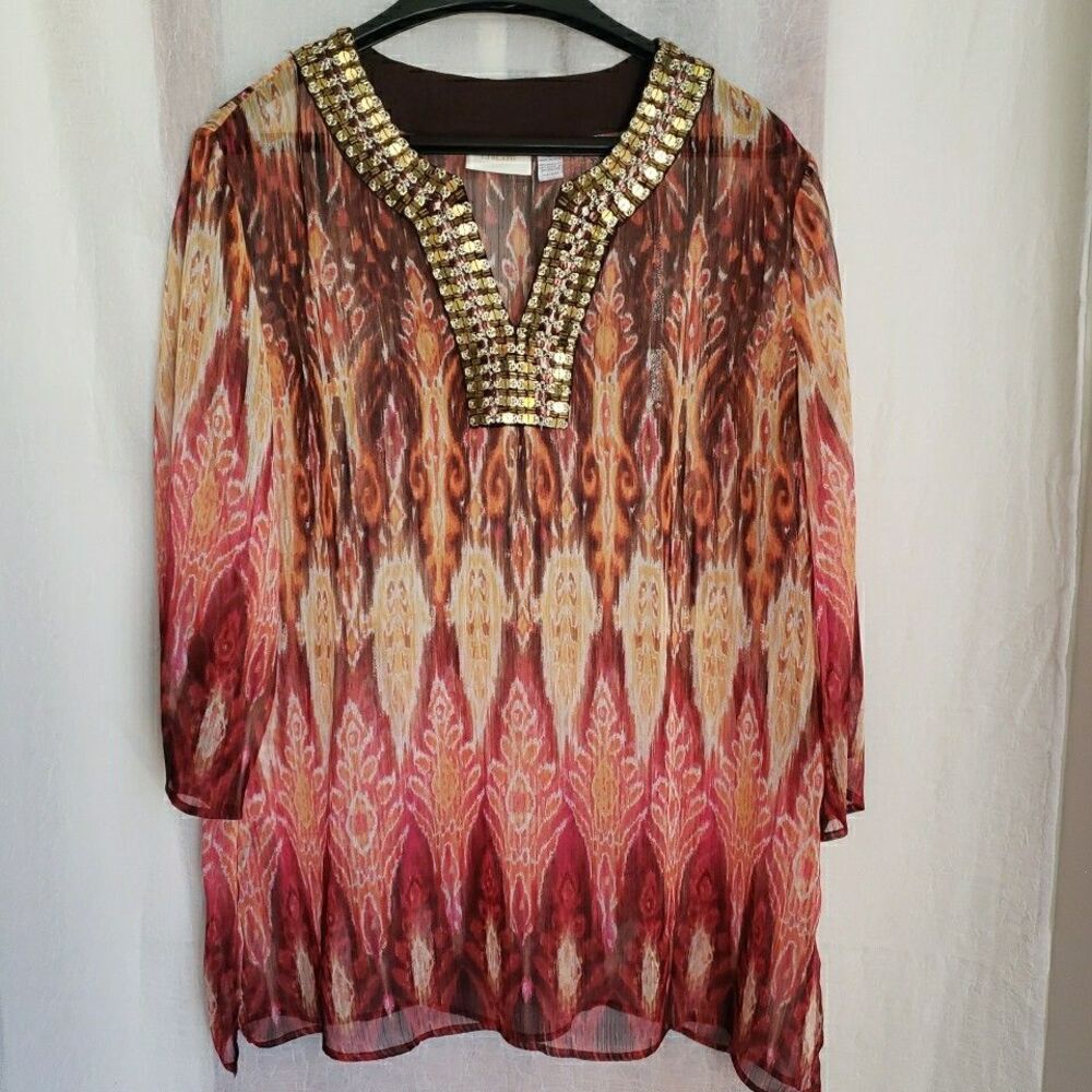 Chico's Chiffon Sequin Collar 3/4 Sleeve Sheer Blouse Orange Geo Women's 3 (XL)